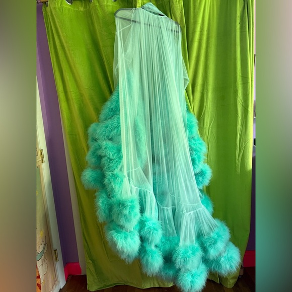 Catherine D’Lish Boudoir Aqua Marabou Feather Mesh Tulle Robe Blue One Size - Picture 4 of 6